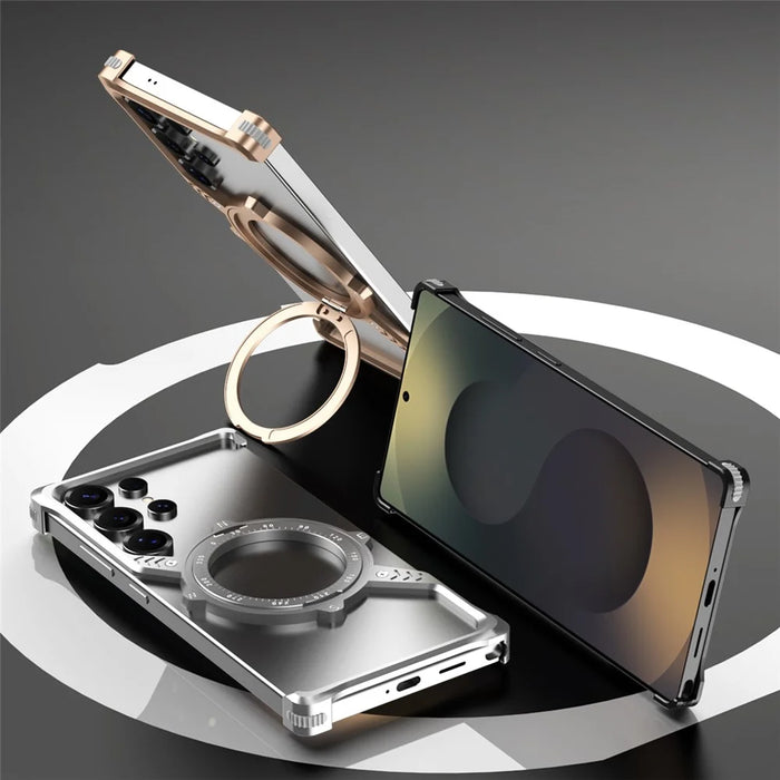 For Samsung Galaxy S25 Ultra Magnetic Case with Kickstand Four Corner Airbag Heat Dissipation Metal Phone Cover - Desert Gold - 6