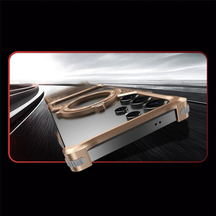 For Samsung Galaxy S24 Ultra Magnetic Case with Kickstand Four Corner Airbag Heat Dissipation Metal Phone Cover - Desert Gold - 3