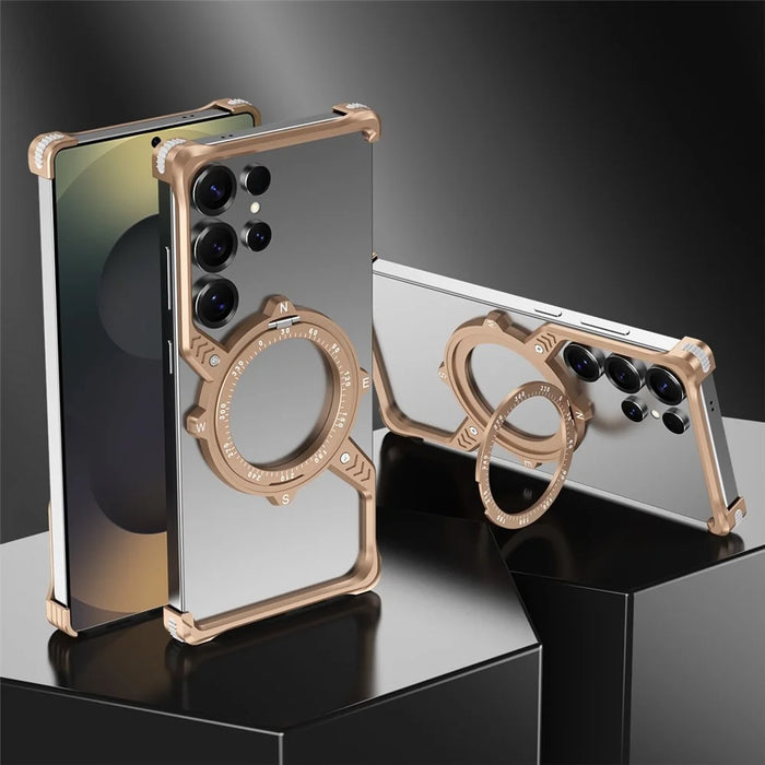 For Samsung Galaxy S22 Ultra 5G Magnetic Case with Kickstand Four Corner Airbag Heat Dissipation Metal Phone Cover - Desert Gold - 2