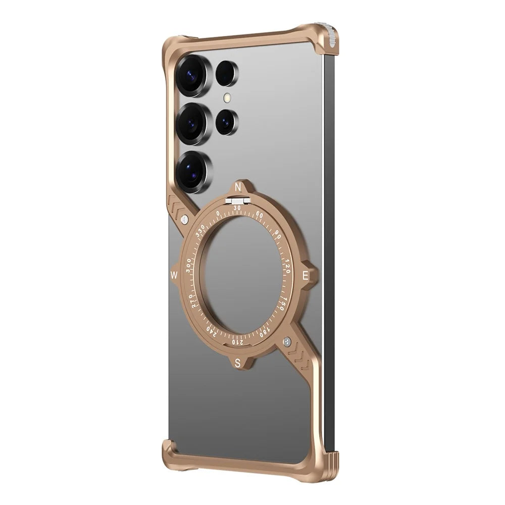 For Samsung Galaxy S23 Ultra Magnetic Case with Kickstand Four Corner Airbag Heat Dissipation Metal Phone Cover - Desert Gold - 1