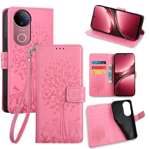 For vivo V50 5G Case PU Leather Wallet Phone Cover Tree Deer Imprinted - Pink - 1