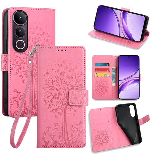 For vivo V50 Lite 5G Case PU Leather Wallet Phone Cover Tree Deer Imprinted - Pink - 1