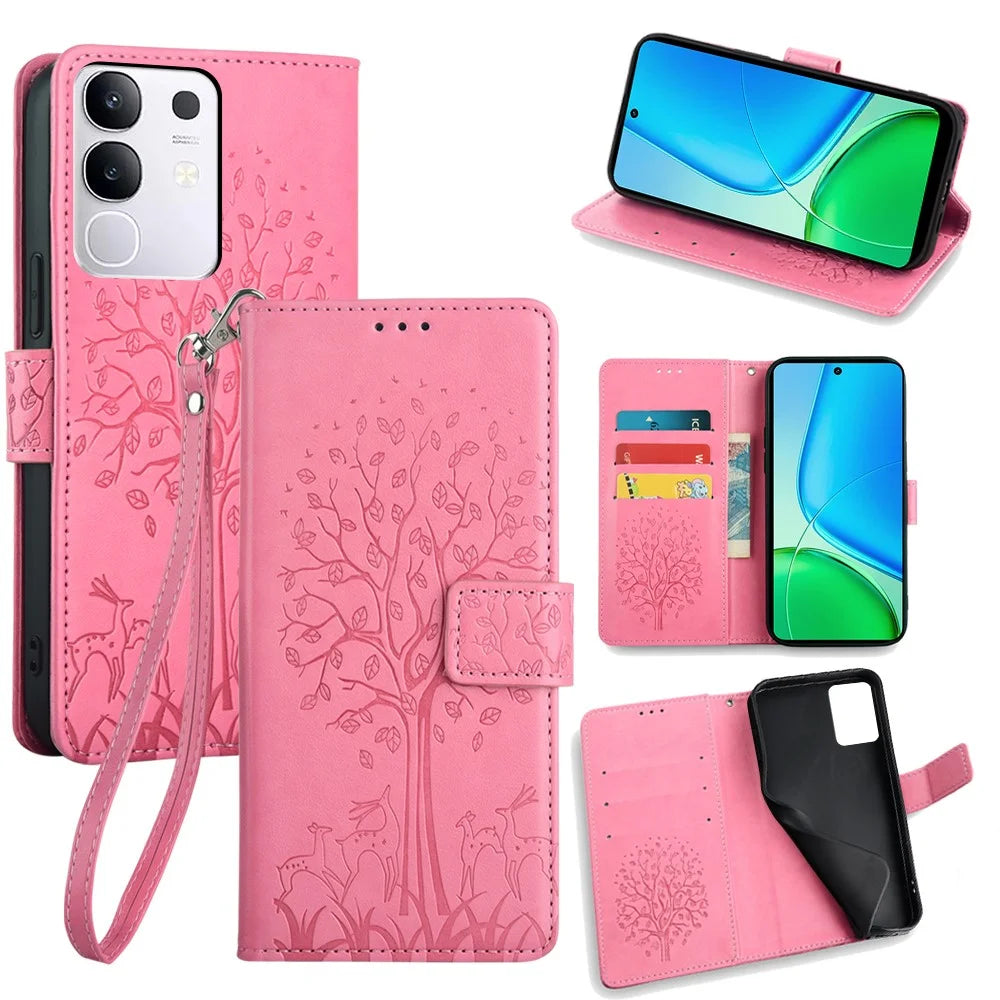 For vivo Y29 4G Case PU Leather Wallet Phone Cover Tree Deer Imprinted - Pink - 1