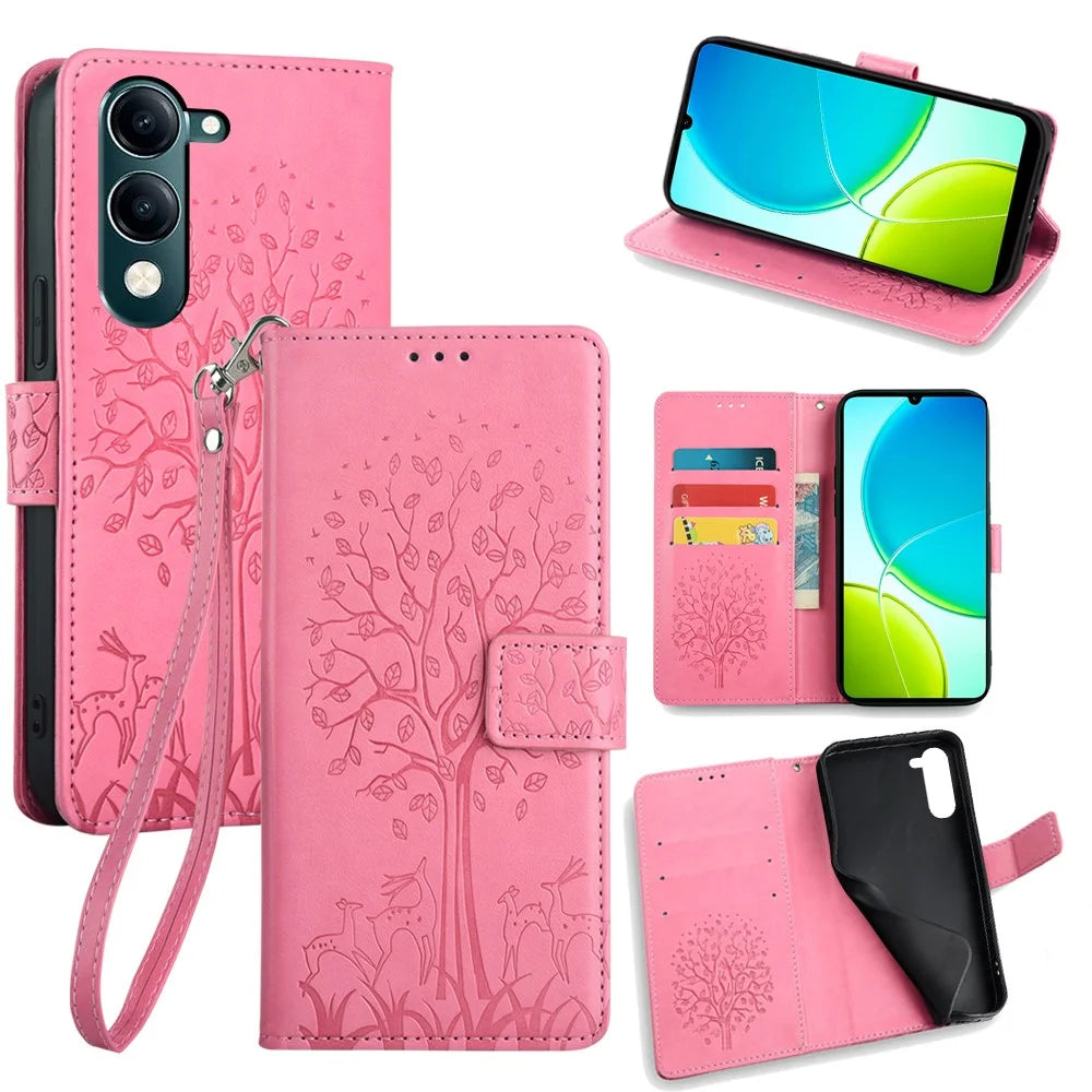 For vivo Y29s 5G / Y04 4G Case PU Leather Wallet Phone Cover Tree Deer Imprinted - Pink - 1