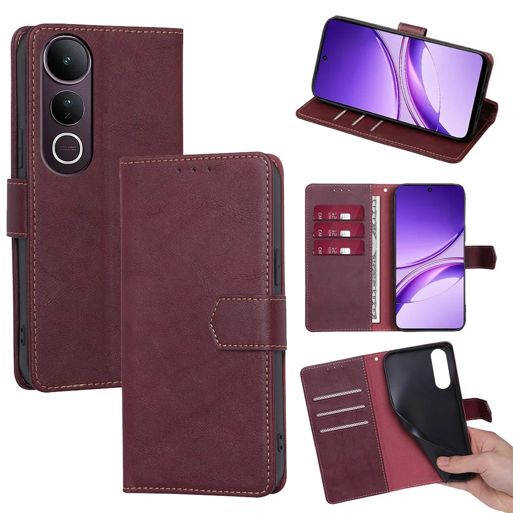 For vivo V50 Lite 5G Case Leather Phone Cover with RFID Blocking Wallet - Wine Red - 1