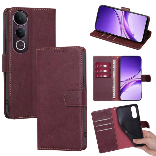 For vivo V50 Lite 5G Case Leather Phone Cover with RFID Blocking Wallet - Wine Red - 1
