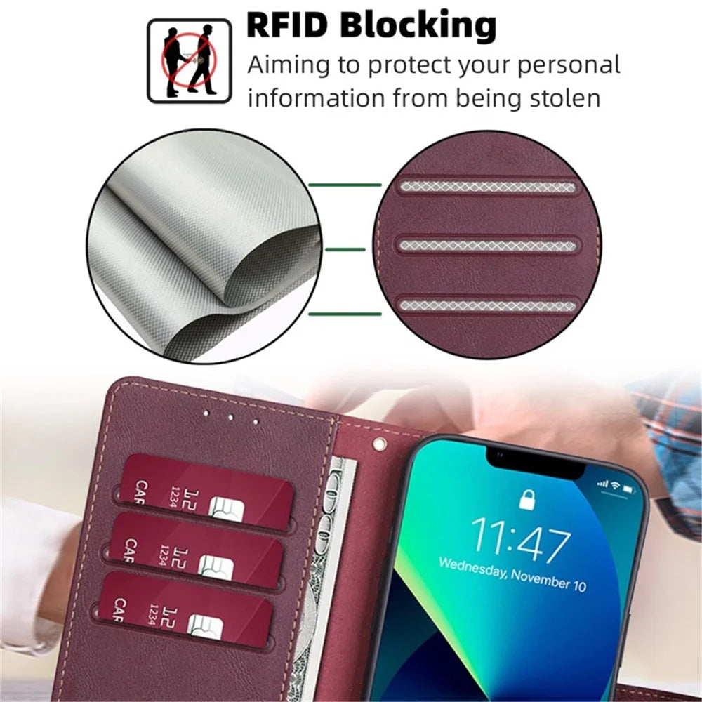For vivo V50 Lite 5G Case Leather Phone Cover with RFID Blocking Wallet - Wine Red - 5