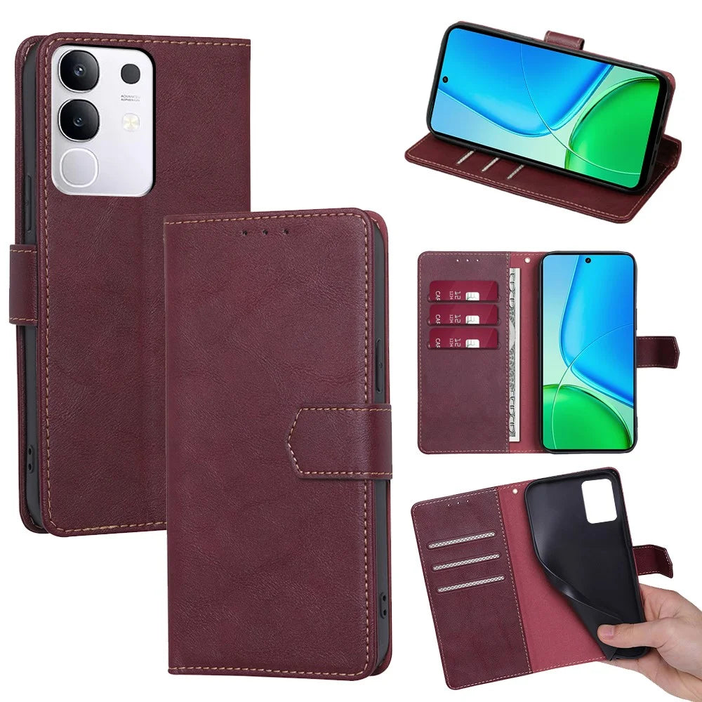 For vivo Y29 4G Case Leather Phone Cover with RFID Blocking Wallet - Wine Red - 1
