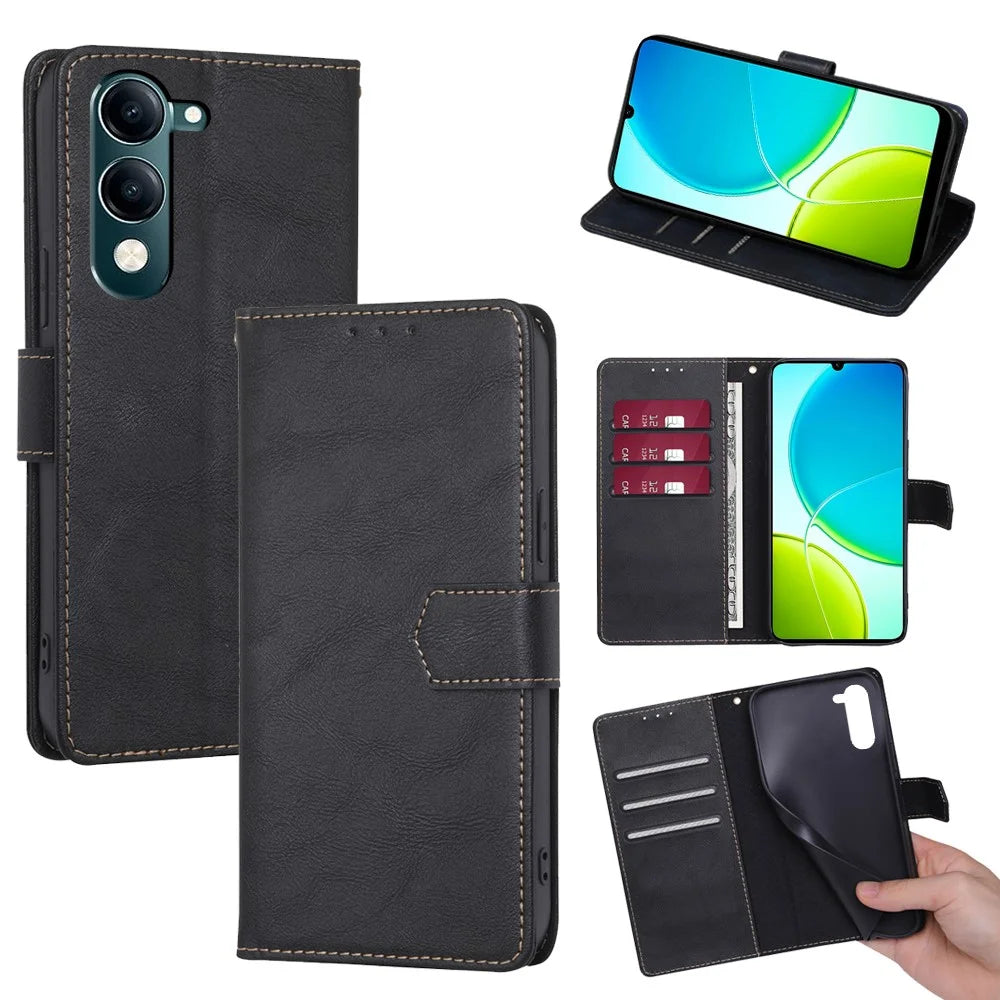 For vivo Y29s 5G / Y04 4G Case Leather Phone Cover with RFID Blocking Wallet - Black - 1