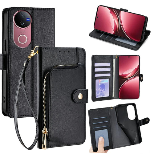 For vivo V50 5G Case Zipper Pocket PU Leather Wallet Flip Phone Cover - Black - 1