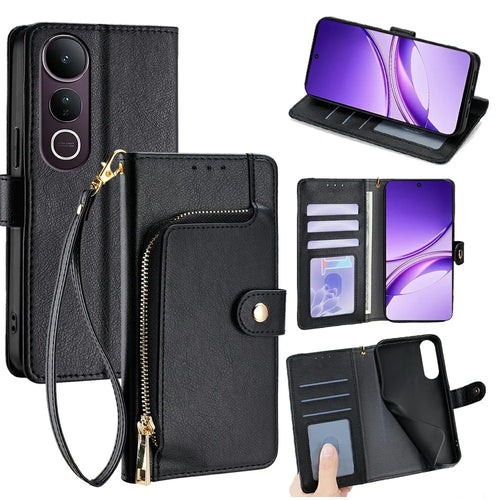 For vivo V50 Lite 5G Case Zipper Pocket PU Leather Wallet Flip Phone Cover - Black - 1