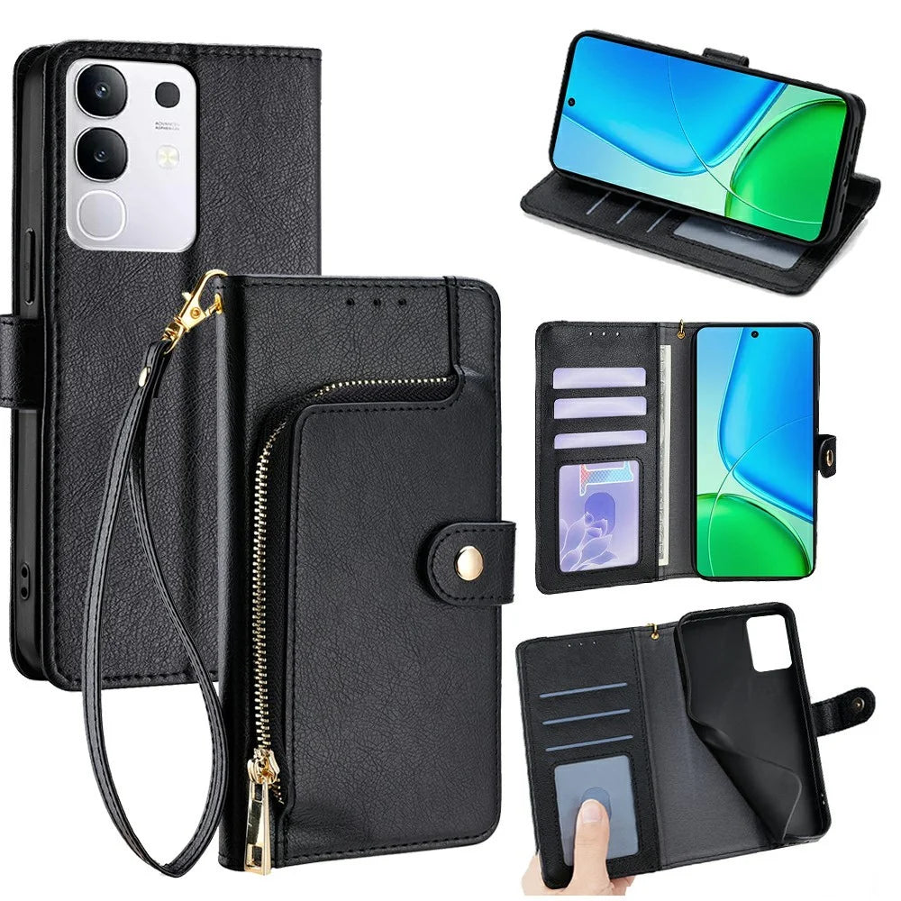 For vivo Y29 4G Case Zipper Pocket PU Leather Wallet Flip Phone Cover - Black - 1
