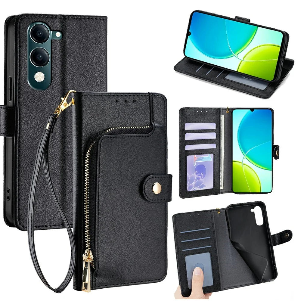 For vivo Y29s 5G / Y04 4G Case Zipper Pocket PU Leather Wallet Flip Phone Cover - Black - 1