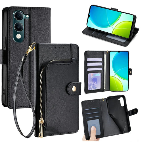 For vivo Y29s 5G / Y04 4G Case Zipper Pocket PU Leather Wallet Flip Phone Cover - Black - 1