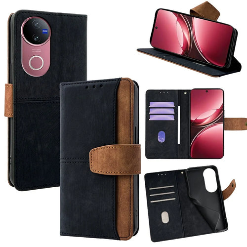 For vivo V50 5G Case RFID Blocking Color Splicing PU Leather Wallet Phone Cover - Black - 1