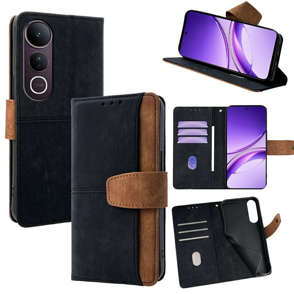 For vivo V50 Lite 5G Case RFID Blocking Color Splicing PU Leather Wallet Phone Cover - Black - 1