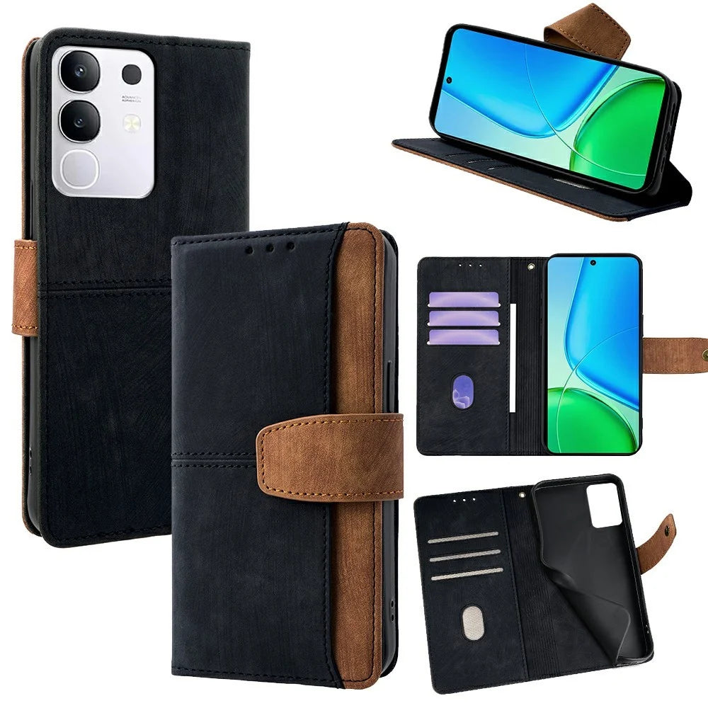 For vivo Y29 4G Case RFID Blocking Color Splicing PU Leather Wallet Phone Cover - Black - 1