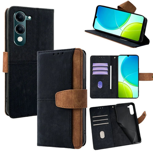 For vivo Y29s 5G / Y04 4G Case RFID Blocking Color Splicing PU Leather Wallet Phone Cover - Black - 1
