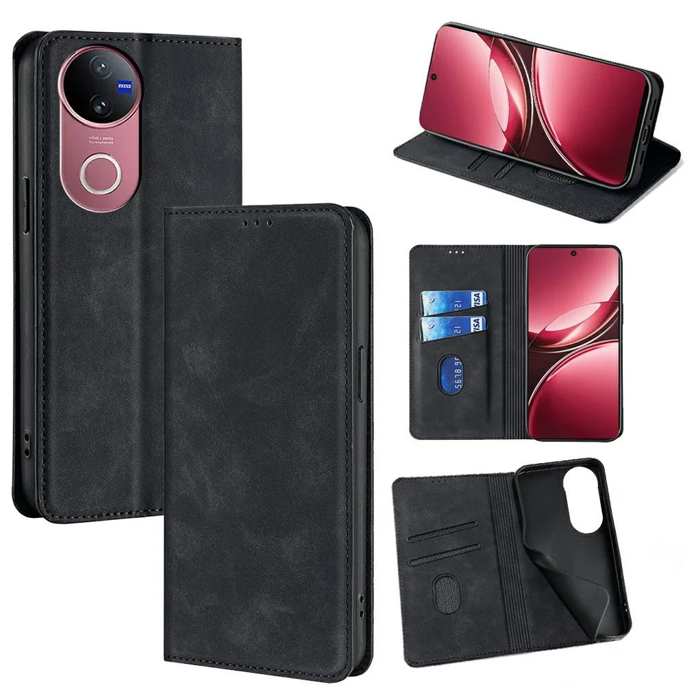 For vivo V50 5G Case Card Holder PU Leather Magnetic Closing Phone Cover - Black - 1