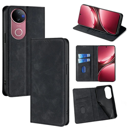 For vivo V50 5G Case Card Holder PU Leather Magnetic Closing Phone Cover - Black - 1