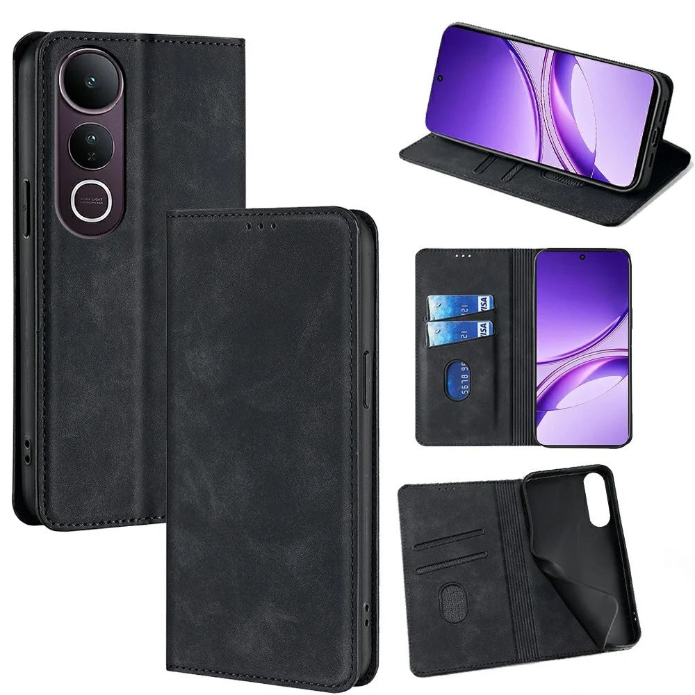 For vivo V50 Lite 5G Case Card Holder PU Leather Magnetic Closing Phone Cover - Black - 1