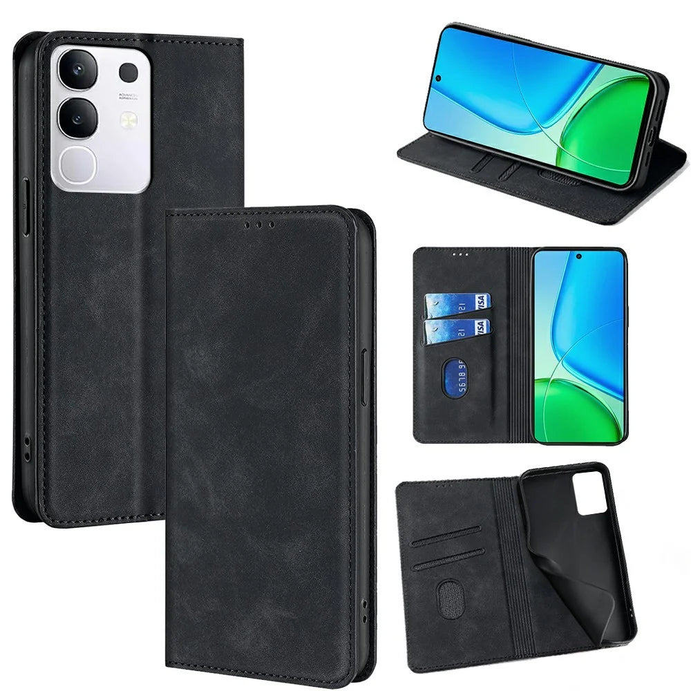 For vivo Y29 4G Case Card Holder PU Leather Magnetic Closing Phone Cover - Black - 1