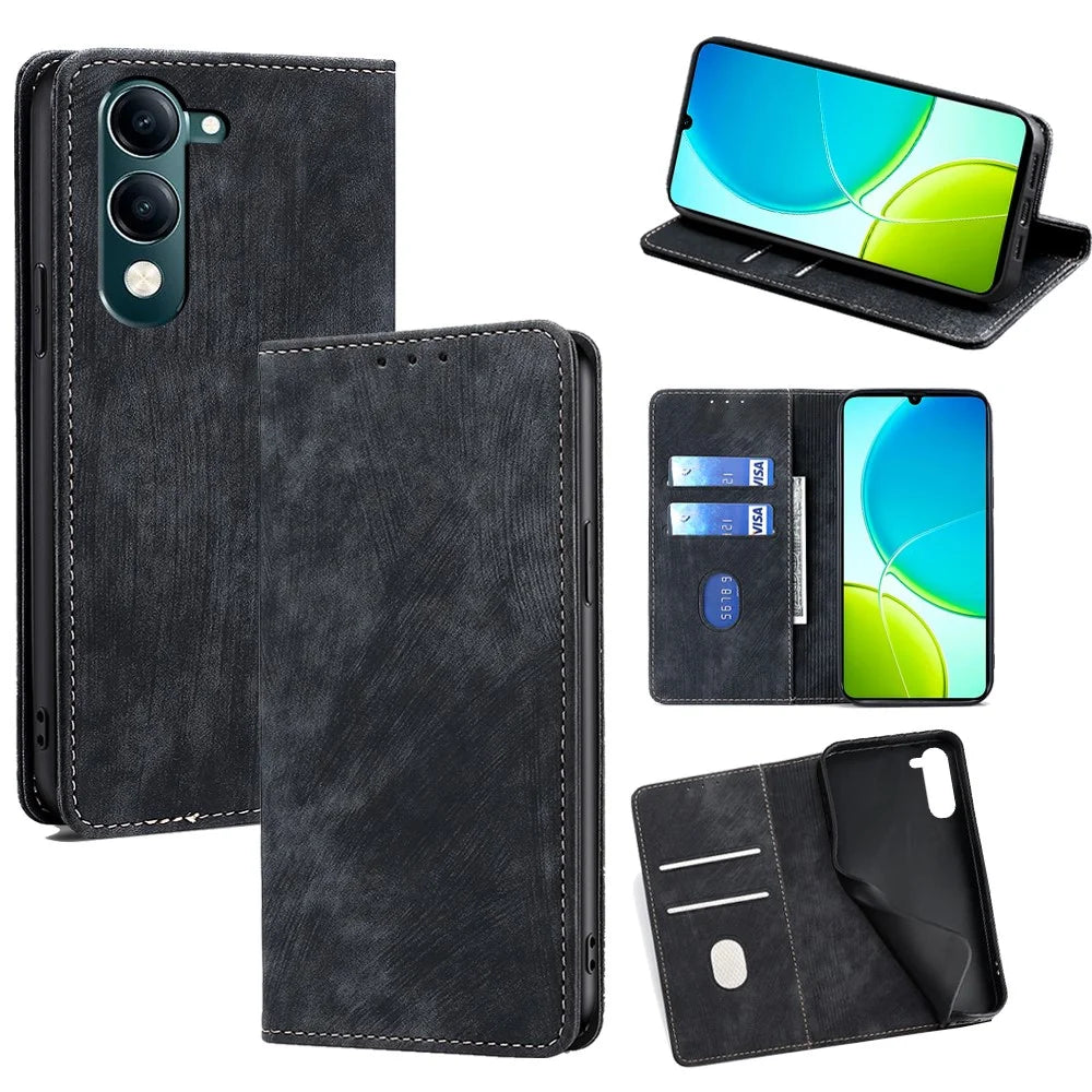 For vivo Y29s 5G / Y04 4G Case RFID Blocking Wallet Leather Phone Cover - Black - 1