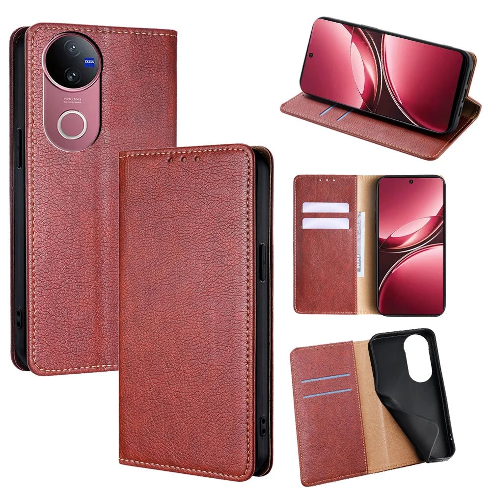 For vivo V50 5G Case Wallet PU Leather Magnetic Auto-Absorbed Phone Cover - Brown - 1
