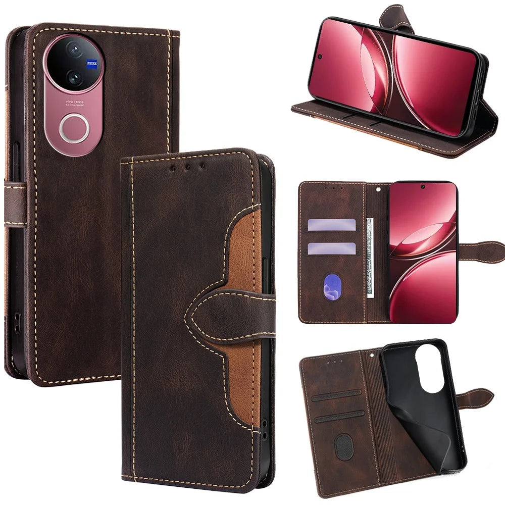For vivo V50 5G Case Leather Wallet Phone Cover with Straw Hat Magnetic Clasp - Brown - 1