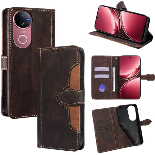 For vivo V50 5G Case Leather Wallet Phone Cover with Straw Hat Magnetic Clasp - Brown - 1