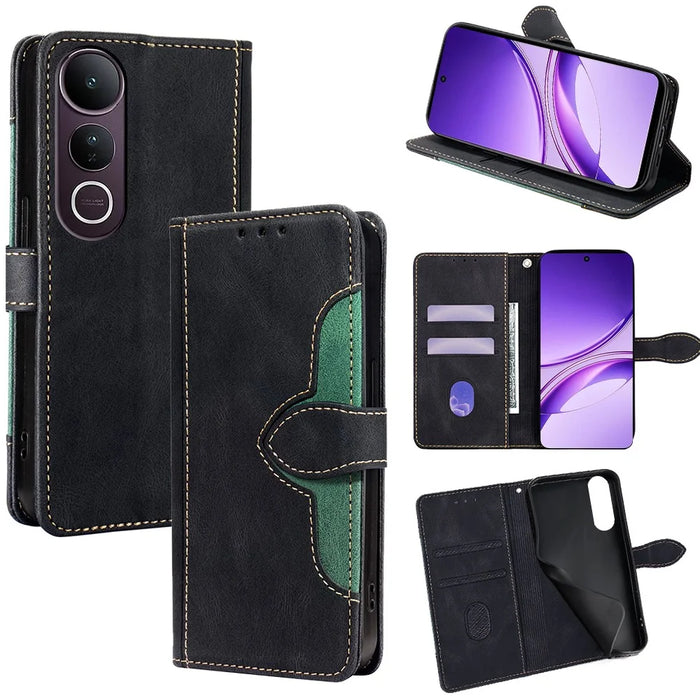 For vivo V50 Lite 5G Case Leather Wallet Phone Cover with Straw Hat Magnetic Clasp - Black - 1