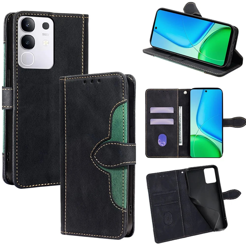 For vivo Y29 4G Case Leather Wallet Phone Cover with Straw Hat Magnetic Clasp - Black - 1