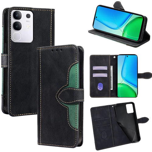 For vivo Y29 4G Case Leather Wallet Phone Cover with Straw Hat Magnetic Clasp - Black - 1