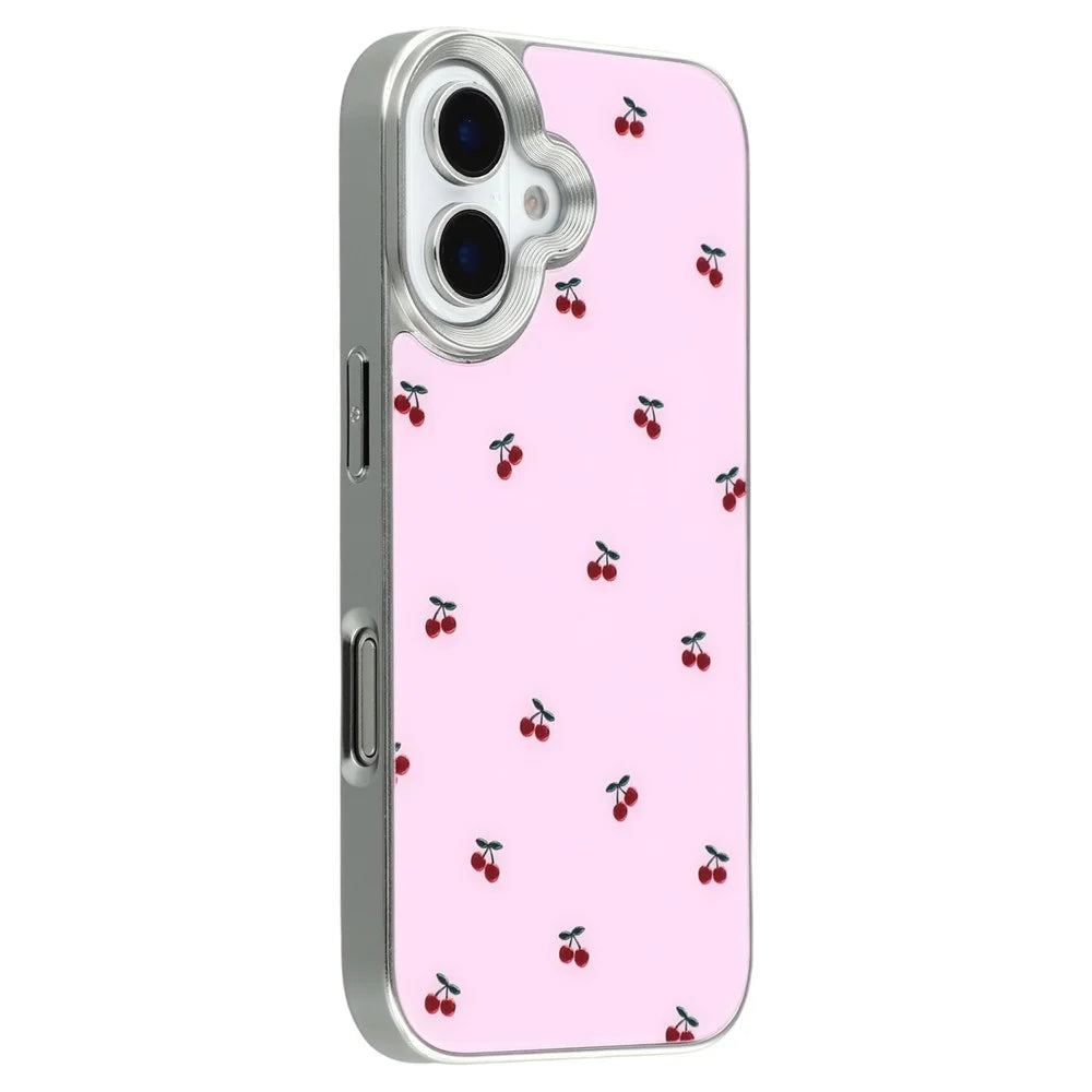 For iPhone 16 Case Lacquered Pattern TPU + Acrylic + Glass Phone Cover - Cherries - 1