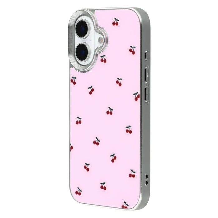 For iPhone 16 Case Lacquered Pattern TPU + Acrylic + Glass Phone Cover - Cherries - 4