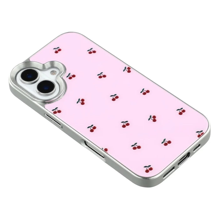 For iPhone 16 Case Lacquered Pattern TPU + Acrylic + Glass Phone Cover - Cherries - 6