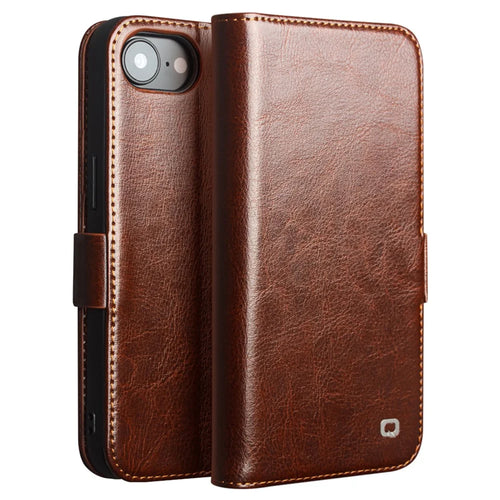 QIALINO For iPhone 17e / 16e Wallet Case Genuine Cow Leather Flip Cover Magnetic Clasp Full Protection - Brown - 1