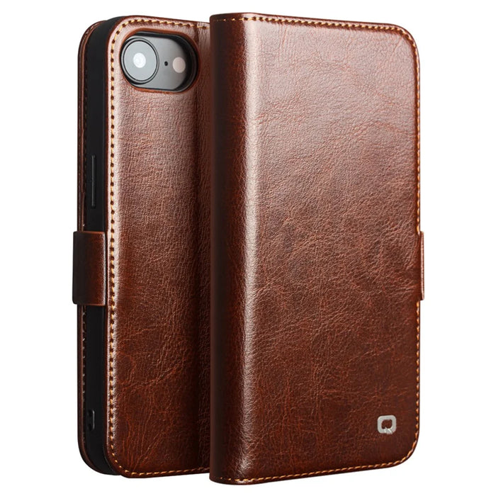QIALINO For iPhone 17e / 16e Wallet Case Genuine Cow Leather Flip Cover Magnetic Clasp Full Protection - Brown - 1