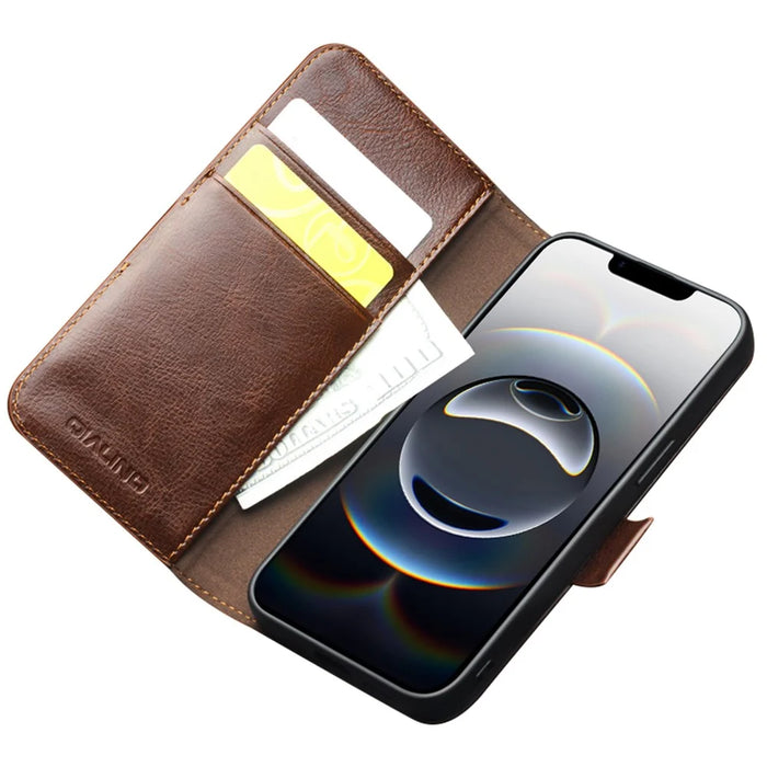 QIALINO For iPhone 17e / 16e Wallet Case Genuine Cow Leather Flip Cover Magnetic Clasp Full Protection - Brown - 2