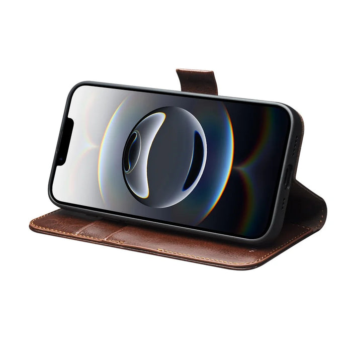 QIALINO For iPhone 17e / 16e Wallet Case Genuine Cow Leather Flip Cover Magnetic Clasp Full Protection - Brown - 3