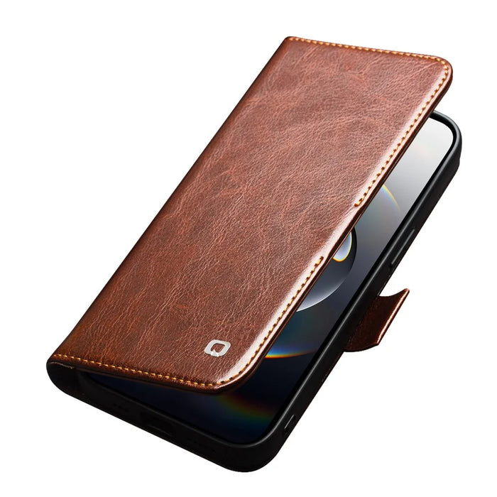 QIALINO For iPhone 17e / 16e Wallet Case Genuine Cow Leather Flip Cover Magnetic Clasp Full Protection - Brown - 4
