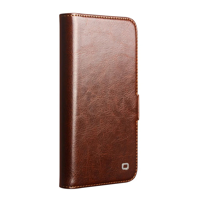 QIALINO For iPhone 17e / 16e Wallet Case Genuine Cow Leather Flip Cover Magnetic Clasp Full Protection - Brown - 6