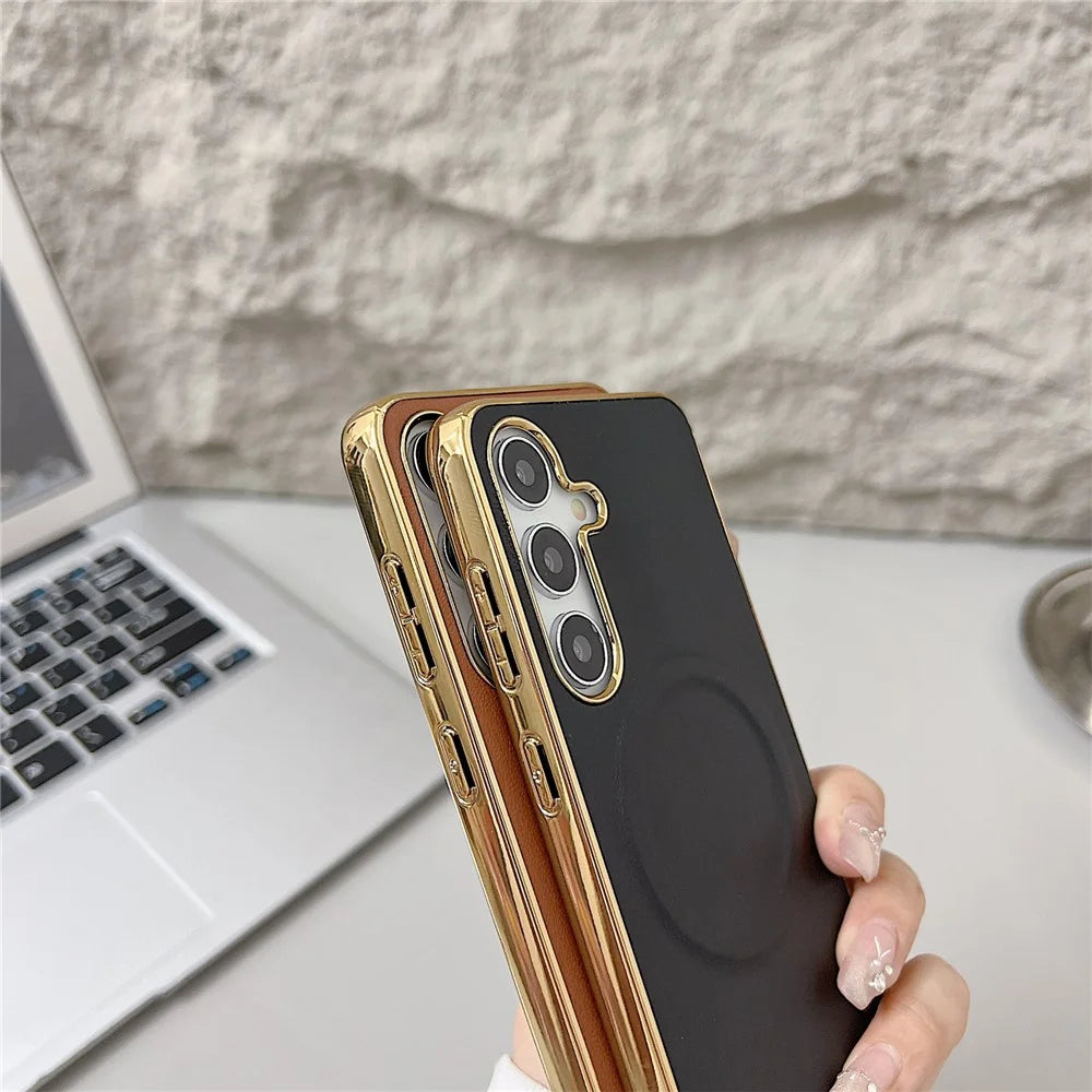 For Samsung Galaxy S25 Magnetic Case Nappa Texture PU + TPU + PC Phone Back Cover - Brown - 3