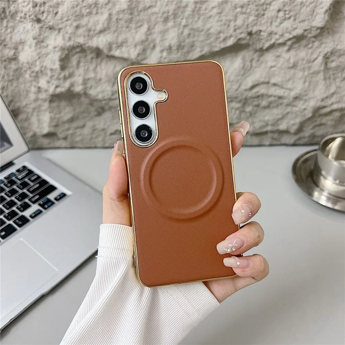 For Samsung Galaxy S25+ Magnetic Case Nappa Texture PU + TPU + PC Phone Back Cover - Brown - 2