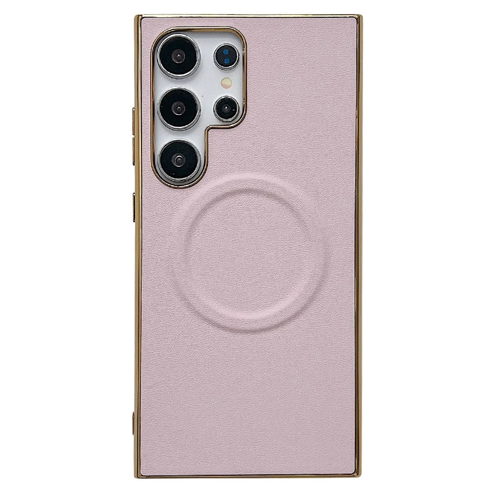 For Samsung Galaxy S25 Ultra Magnetic Case Nappa Texture PU + TPU + PC Phone Back Cover - Pink - 1