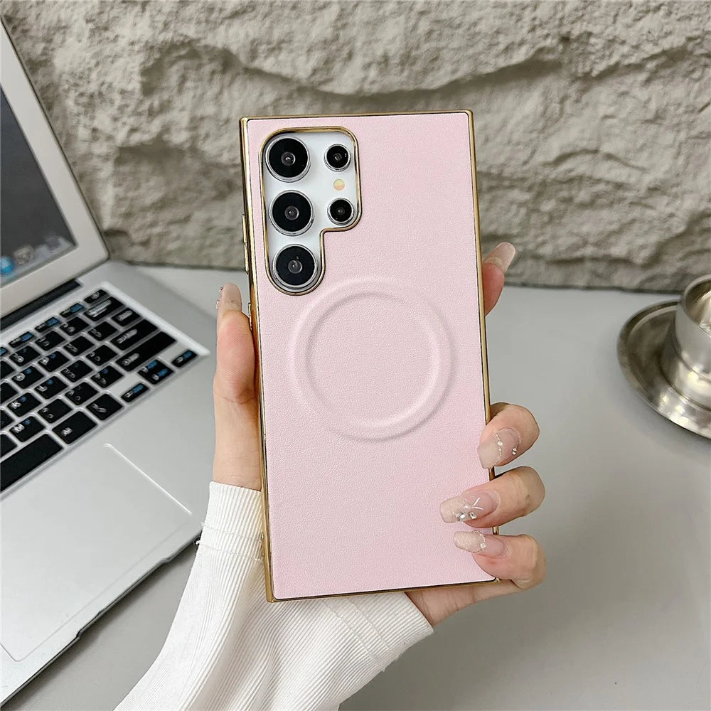 For Samsung Galaxy S25 Ultra Magnetic Case Nappa Texture PU + TPU + PC Phone Back Cover - Pink - 2