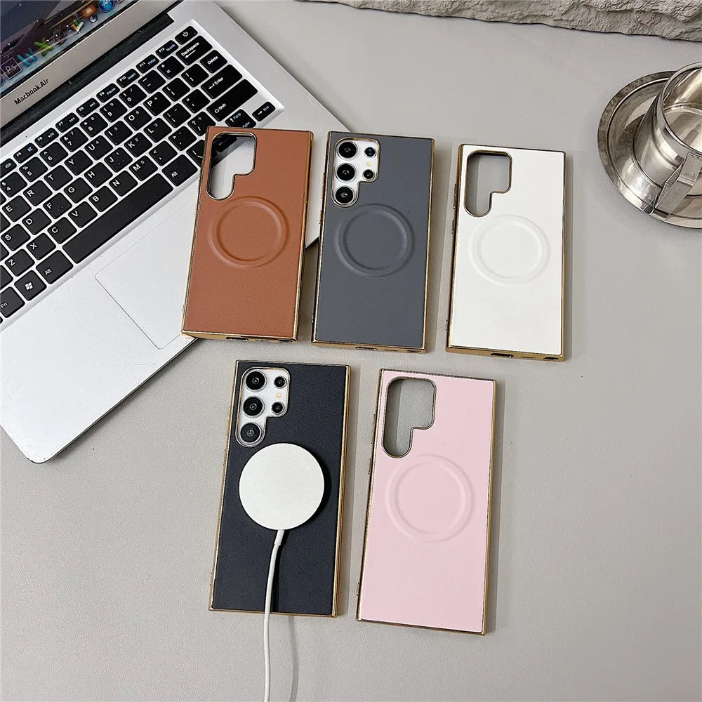 For Samsung Galaxy S25 Ultra Magnetic Case Nappa Texture PU + TPU + PC Phone Back Cover - Pink - 5