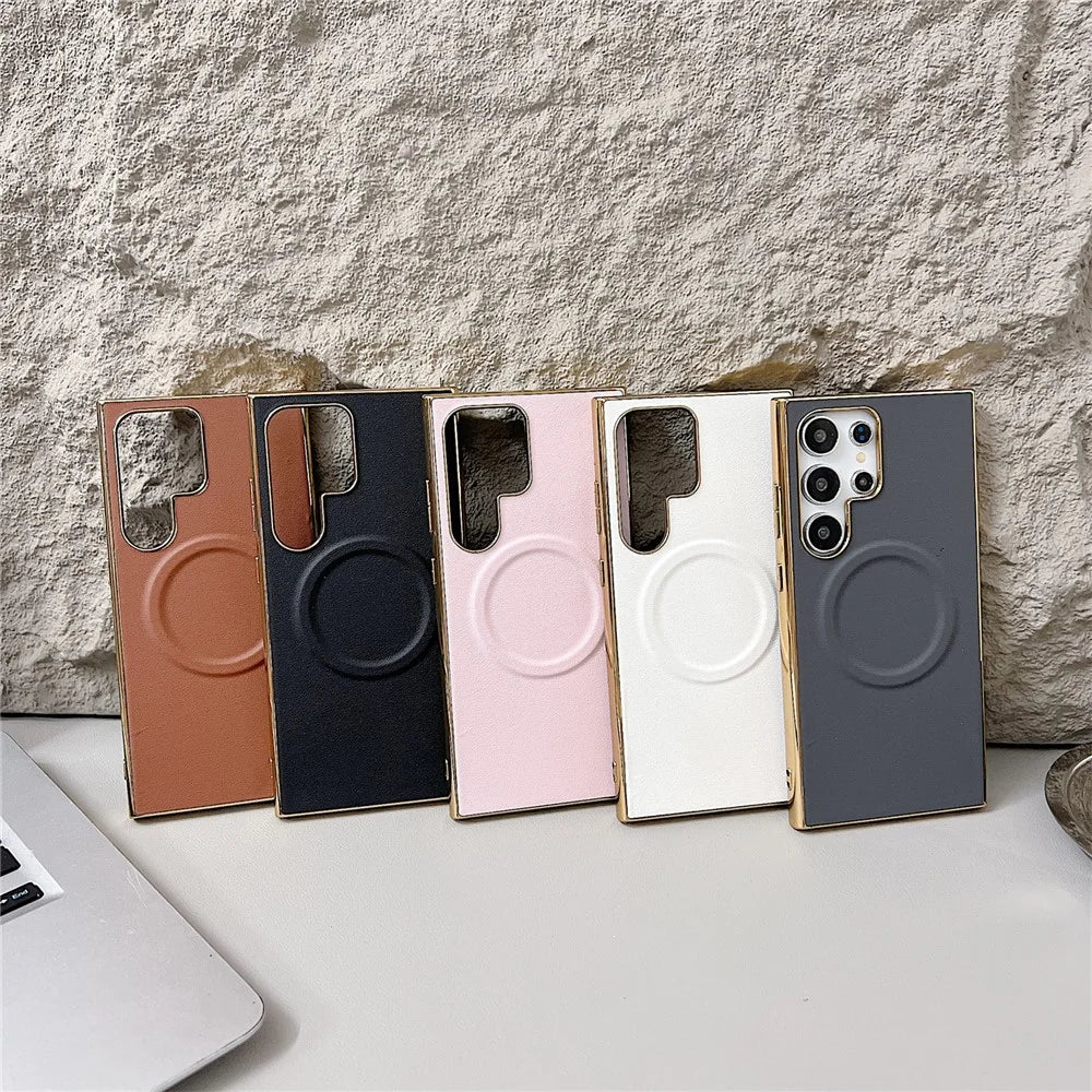 For Samsung Galaxy S25 Ultra Magnetic Case Nappa Texture PU + TPU + PC Phone Back Cover - Pink - 6