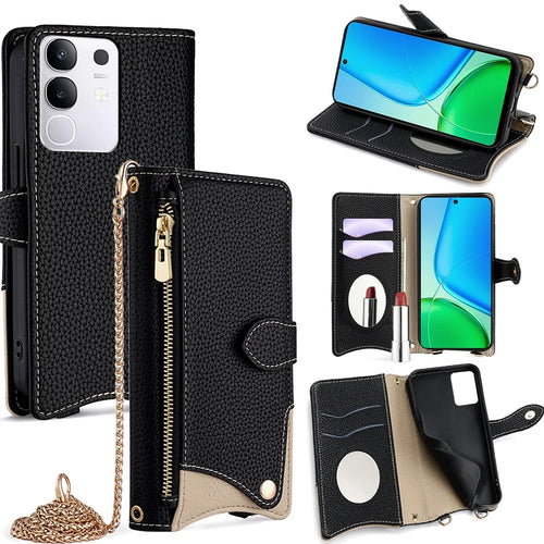 For vivo Y29 4G Wallet Case Fishtail Design Leather Phone Cover with Mirror  /  Stand  /  Strap - Black - 1