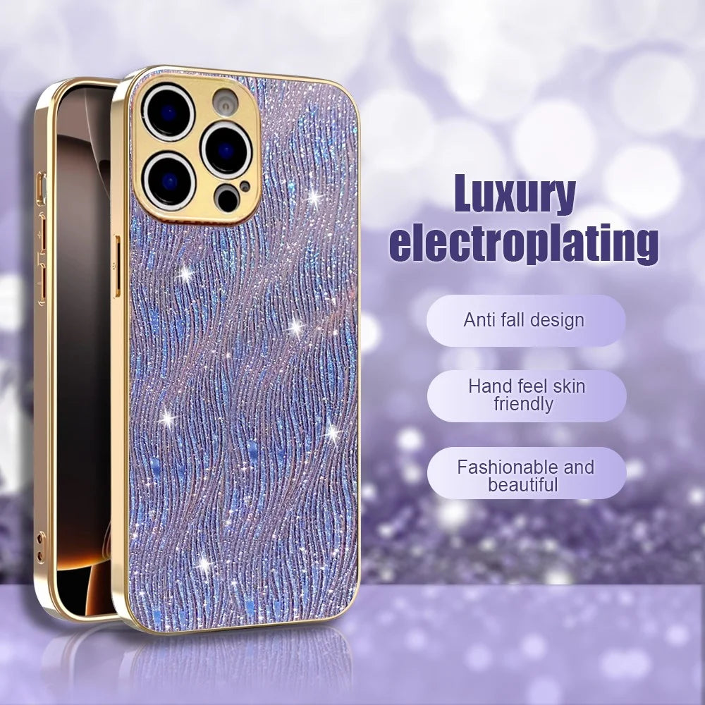 For iPhone 15 Pro Max Case Electroplating Ripple Texture PU + TPU + PC Phone Back Cover - Purple - 2